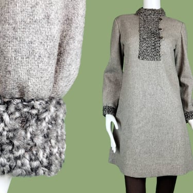 Curly wool mod mini from the 60s. A line silver grey prussian tunic dress swingin 1960s London winter dress (Size S/M) 