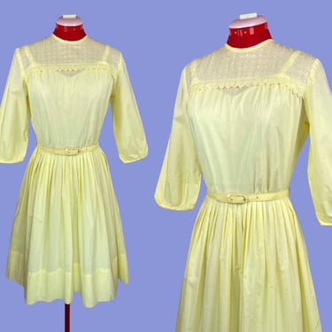 1950s Vintage Pastel Yellow Belted Cotton Fit and Flare Day Dress Gift 