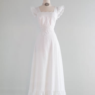 Romantic 1970's Cotton Eyelet Embroidered Wedding Dress / SM