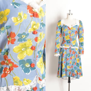 Vintage 1970s Dress / 70s Floral Print Rayon Dress with Rosette Buttons / Blue Orange ( medium M ) 