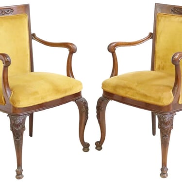 Armchairs, 2, Continental Carved Mahogany Yellow Velvet, Vintage