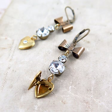 Heart Locket Earrings, Bow Earrings, Feminine Romantic Jewelry, Vintage Rhinestone Drops 