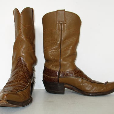 Vintage 1980s Hyer Cowboy Boots, Caramel Brown Leather, Brown Reptile Trim, Size 10 1/2B Men 