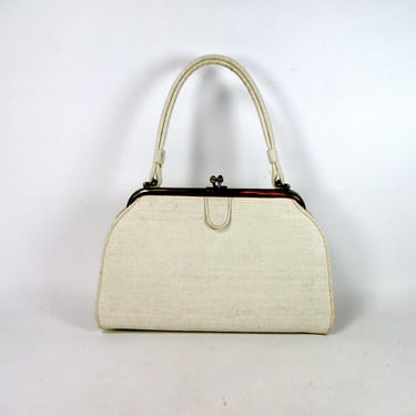 Small Structured Top Handle Bag Mid Century Purse Metal Framed Handbag with Kiss Clasp Closure 1960s Mod Handbag Off-White Raffia Fabric Bag 