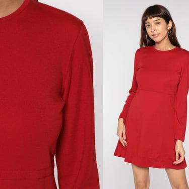 90s Mini Dress Red Fit and Flare Dress Plain Liz Claiborne Acrylic Wool Knit Dress High Waist 1990s Vintage Long Sleeve Medium 8 