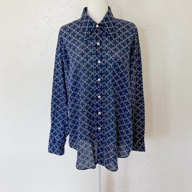 70s Blue White Red Geometric Circle Printed Button Up Shirt by Sears | Extra Large/2X 