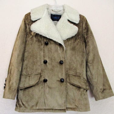 Sherpa Jacket, Vintage 1970s Brent, Peacoat, Small Women, golden brown thick velveteen, Faux Fleece Lining & Trim 