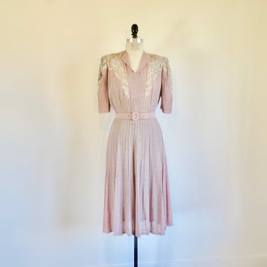 1940's Light Mauve and Taupe Embroidered Day Dress Collared Half Sleeve Belted WW2 Era Rockabilly 40's Spring Summer 30.5