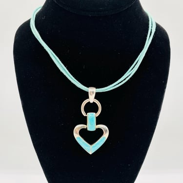 Signed Made in Thailand Turquoise Heart Set in Silver On A Leather Necklace 925 by LeChalet