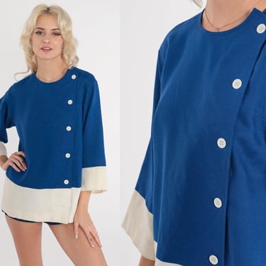 Color Block Shirt 80s Button up Blouse White Blue Long Wide Sleeve Asymmetrical Button Down Summer Top Vintage 1980s Medium M 