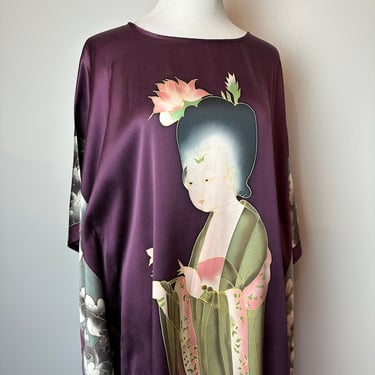 Beautiful 100% silk kimono long dress~ silky eggplant purple  painted Asian scenic silkscreen print Geisha woman kaftan open size XL plus 