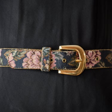 floral tapestry belt | 80s 90s vintage navy blue pink statement belt 