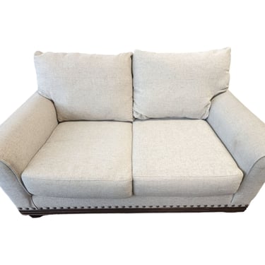 Lawson-Style White Loveseat with Wood Trim
