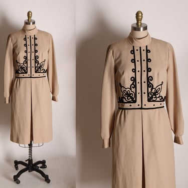 1960s Tan and Black Abstract Soutache Swirl Military Look Long Sleeve Dress by Jan Sue of California -L 