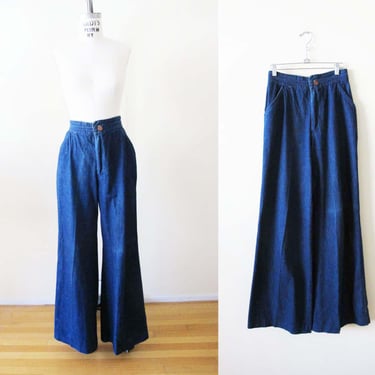 Vintage 70s Wide Leg Jeans Small 26 - 1970s High Waist Boho Bell Bottom Blue Jeans - Dark Wash Bohemian Jeans - 70s Clothing 