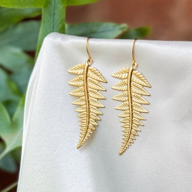 gold fern earrings, long gold leaf earrings, vintage brass charm earrings, dangle drop earrings, unique gift for her 