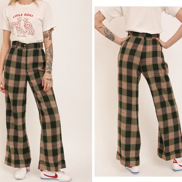 Vintage 1970s 70s Green Brown Plaid Tartan Made in Japan High Waisted Wool Elephant Wide Leg Flared Pants Trousers 