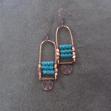 Copper and frosted glass ethnic dangle earrings, blue 