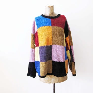 Vintage 90s Patchwork Chenille Baggy Sweater M - 1990s Colorful Oversize Grunge Knit Pullover Jumper 