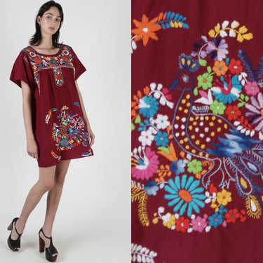 Maroon Mexican Dress With Colorful Hand Embroidered Peacock 