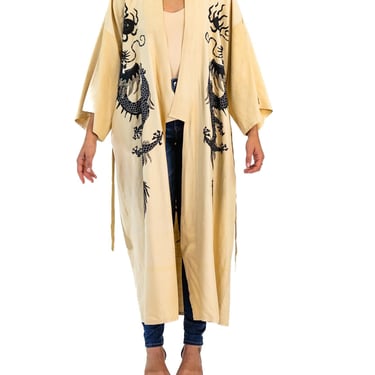 1920S Black  White Silk Long Embroidered Dragon Kimono 