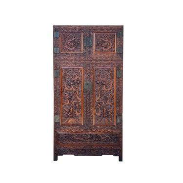 Chinese Brown Huali Dragons Motif Tall Stack Compound Cabinet Armoire cs7636E 