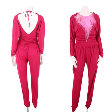 80s CLIMAX disco jumpsuit 8, vintage 1980s David Howard pink one piece, Studio 54 outfit poly dress M 