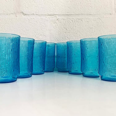 Vintage Aqua Blue Glasses Teal Small Glass Mid-Century Glassware Set of 8 Bamboo Textured Pattern 1960s Dopamine Decor 