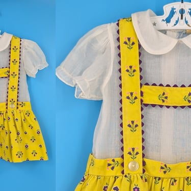 Vintage 60s Nannette Girl's 3/4 Yellow Floral Suspender Dress - 1960s Toddler Dress 