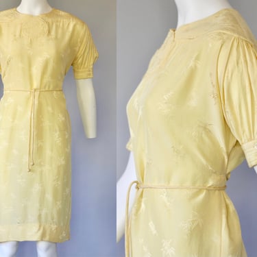 Vintage Jacquard Silk Tie Waist Tunic Dress with Quilting Detail - 1980s Day Dress - Small 