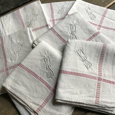 French Linen Handkerchief, Woven Red Stripe, Embroidered Monogram, Set of 7, Unused 