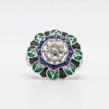 18 Karat White Gold Ring with Diamond, Sapphire, Emerald and Onyx