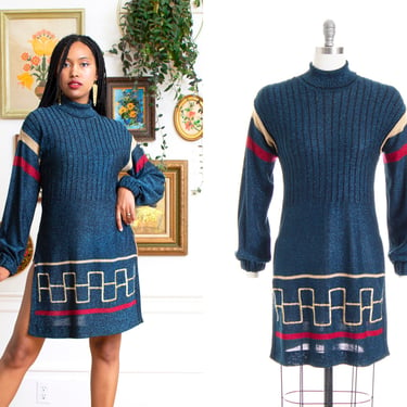 Vintage 1970s Sweater Dress | 70s WENJILLI Metallic Knit Mockneck Sparkly Blue Long Sleeve Disco Tunic Top (small/medium) 