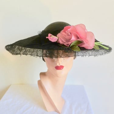 1950's Black Straw and Lace Wide Brim Hat Pink Silk Velvet Rose Trim Portrait Picture 50's Millinery Spring Summer Garden Party Sun Hats 