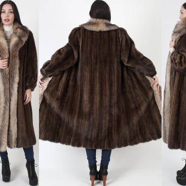 Evans 80s Mahogany Mink Fur Coat, Red Crystal Arctic Fox Collar, Plush Long Full Length Designer Overcoat 