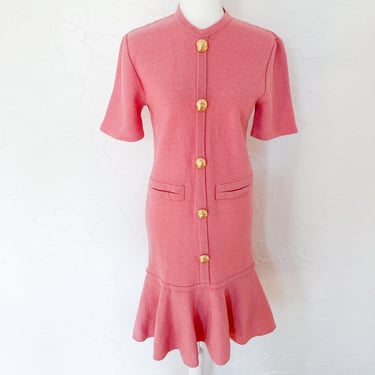 80s Pink Knit Sweater Dress with Mermaid Hem and Gold Buttons by Steve Fabrikant | Small/Medium 