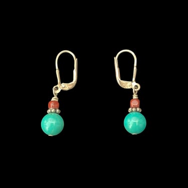 1990s Turquoise Colored Bead Pierced Drop Earrings | 90s Vintage Blue, Brown, and Silver Tone Lever Back Earrings 