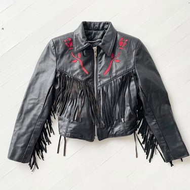 1990s Fringed Rose Black Leather Jacket 