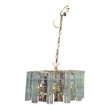 Vintage 6 Arm Brass Beveled Glass Panel Glass Rod Chandelier Hanging Swag Light