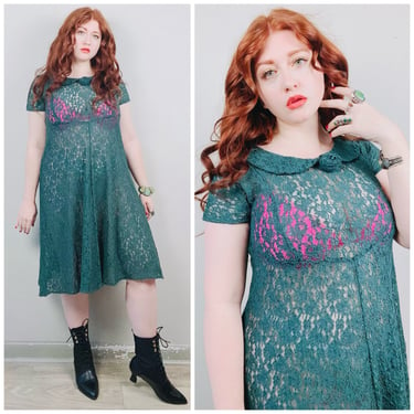 1990s Vintage My Michelle Forest Green Lace Dress / 90s / Nineties Peter Pan Collar Sheer Grunge Dress / Size Small - Medium 