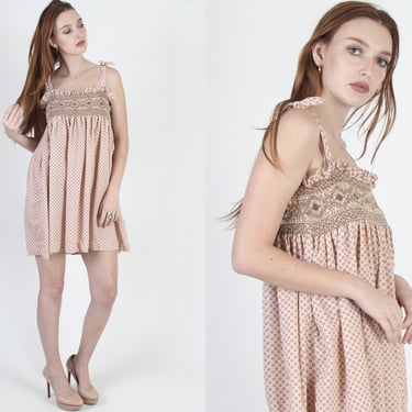 70s Smocked Diamond Embroidered Dress, Calico Floral Babydoll Dress, Shoulder Tie Babydoll Mini Dress 
