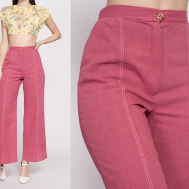 70s Dusty Rose Contrast Stitch Pants - Small | Vintage High Waisted Retro Flared Hippie Trousers 