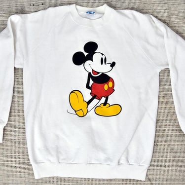 Vintage Disney Designs Mickey Mouse Pullover Raglan White Sweatshirt, size LARGE, 1970s, 1980's Top Men's 