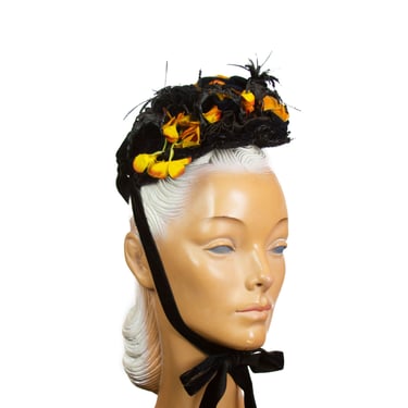 Victorian Bonnet Hat ~ Black and Mustard Yellow Beaded Bonnet 