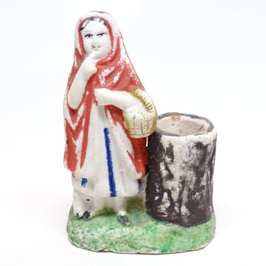 Antique Victorian German Little Red Riding Hood Match Holder, Painted Bisque, Vintage Germany 