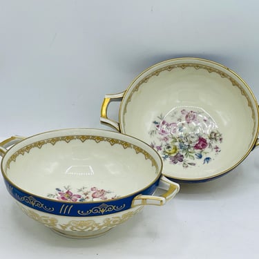 H & C Bohemia Czechoslovakia Coronado Cream Soup Bullion Bowls - 2 - MINT Gold and Blue with Floral Design 