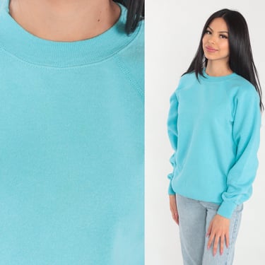 Bright Blue Sweatshirt 80s 90s Raglan Sleeve Sweatshirt Plain Slouchy Crewneck Pullover Sweater Basic Turquoise Vintage 1990s Large L 