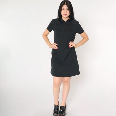 60s Mod Mini Dress Black Zip Up Shift Dress Vintage 1960s Front Zipper Plain Minidress Short Sleeve Gogo Small S 