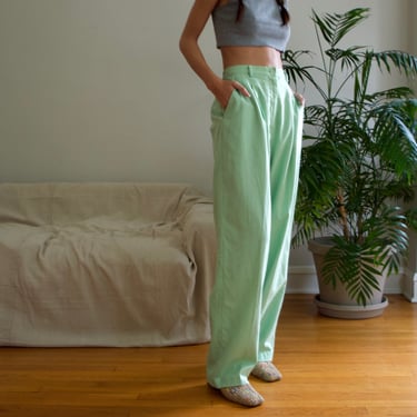pale green linen blend pleated taper trouser / 29w+ 