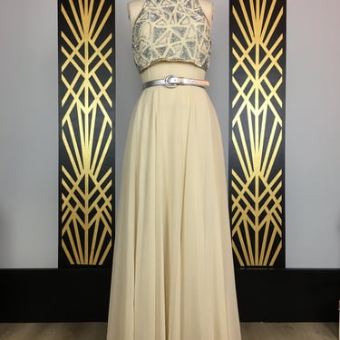1990s evening gown, vintage maxi dress, beige crepe, beaded dress, size medium, 90s formal, full skirt, geometric, pearl beading, metallic 